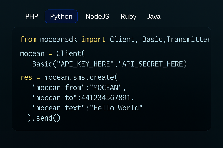 Python code example using Mocean’s SMS API to send instant messages in the UK
