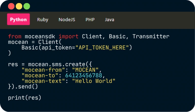 Python code example using Mocean’s SMS API to send instant messages in the UK